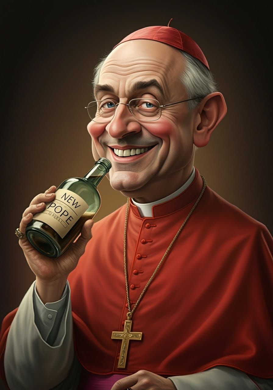 Smiling Cardinal Drinks from Bottle Labeled New Pope