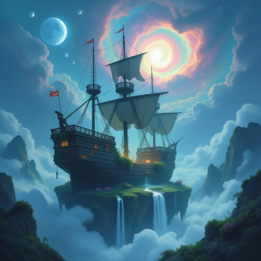 Ancient Galleon on Floating Island in Nebula Sky