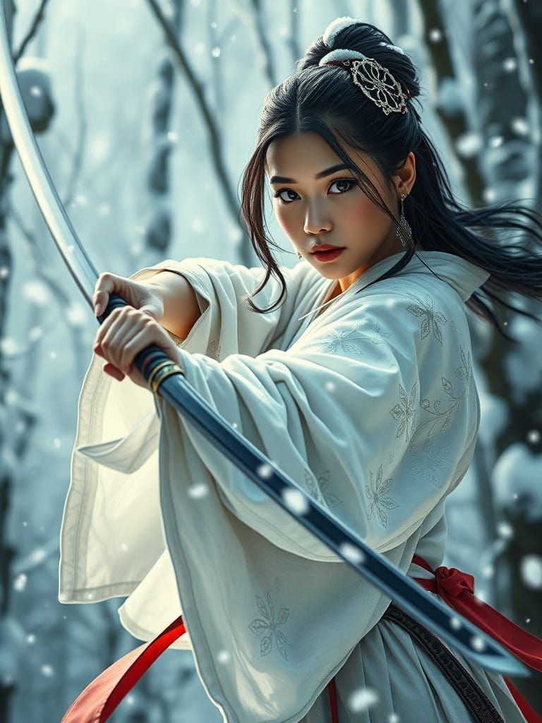 Japanese Warrior Woman with Sword in Snowy Forest
