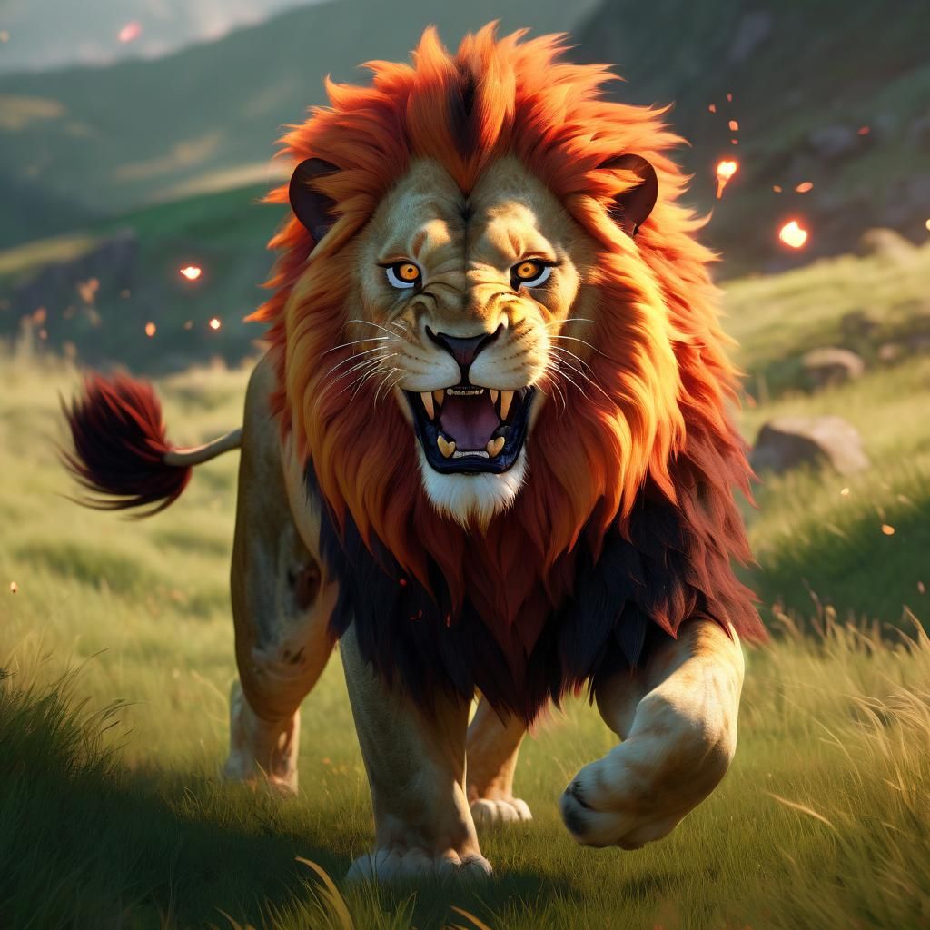 Fiery Lion Roaring on Green Hills: 3D Anime Art