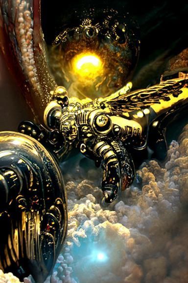 Steampunk Titan Robot God with Fiery Wings