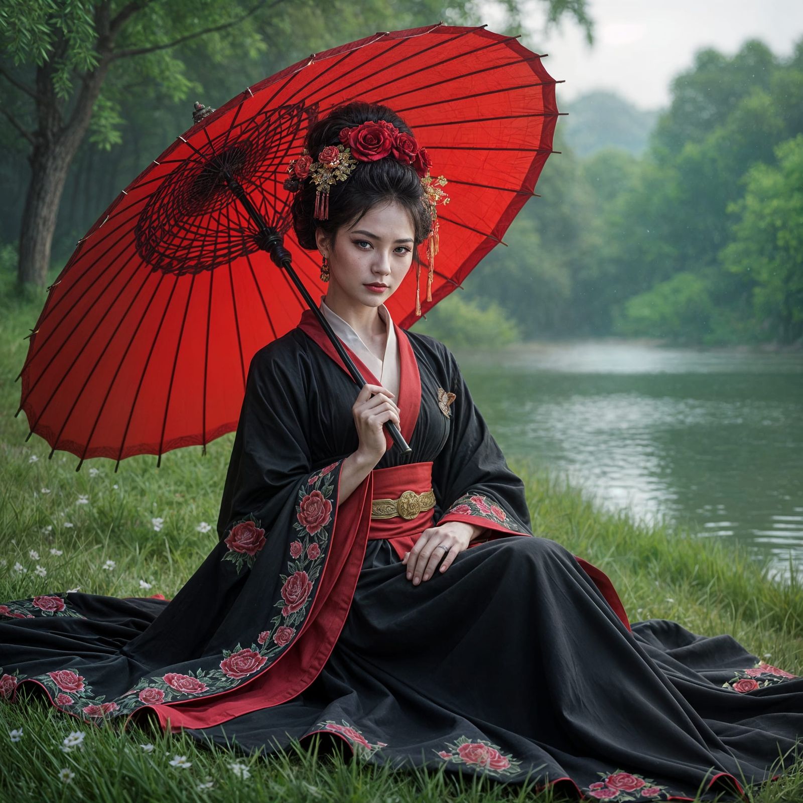 A Chinese woman sitting on the grass