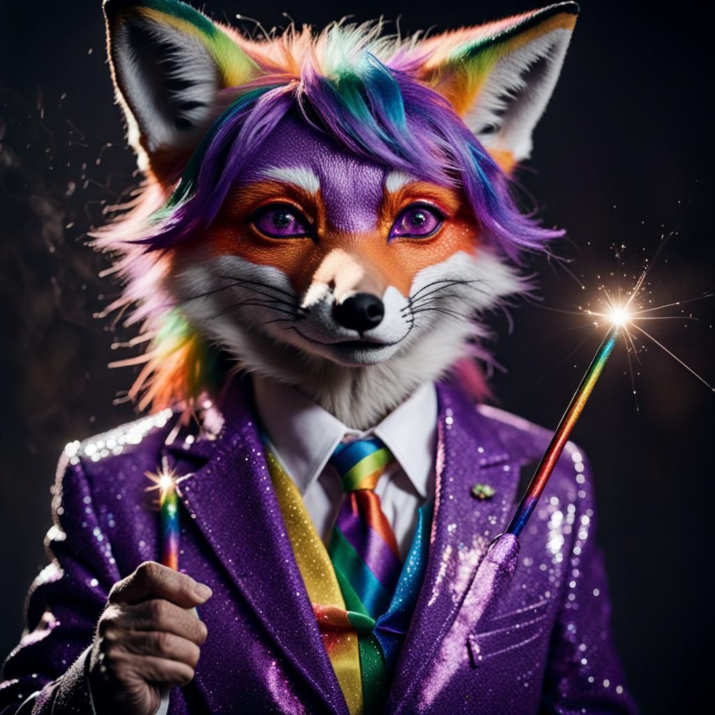 Glitter Purple Fox Portrait with Magic Wand