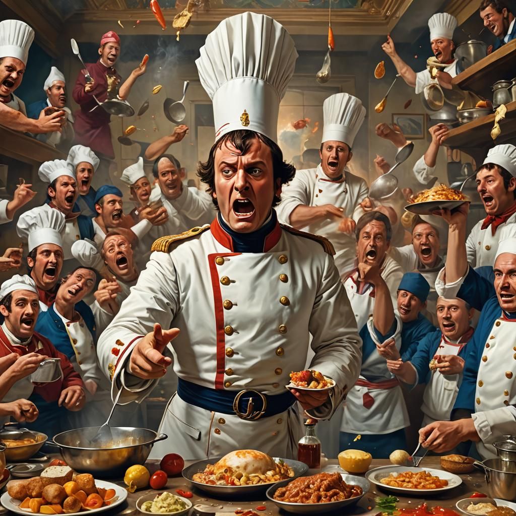 Napoleon's Kitchen Catastrophe: Hyperrealistic Concept Art