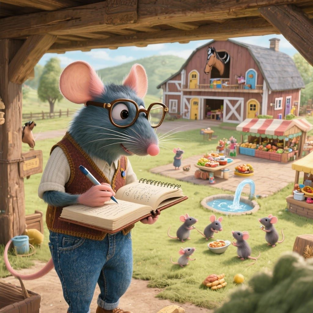 Mouse Town Architect: Mouse in Vest Writes Journal Under Bar...