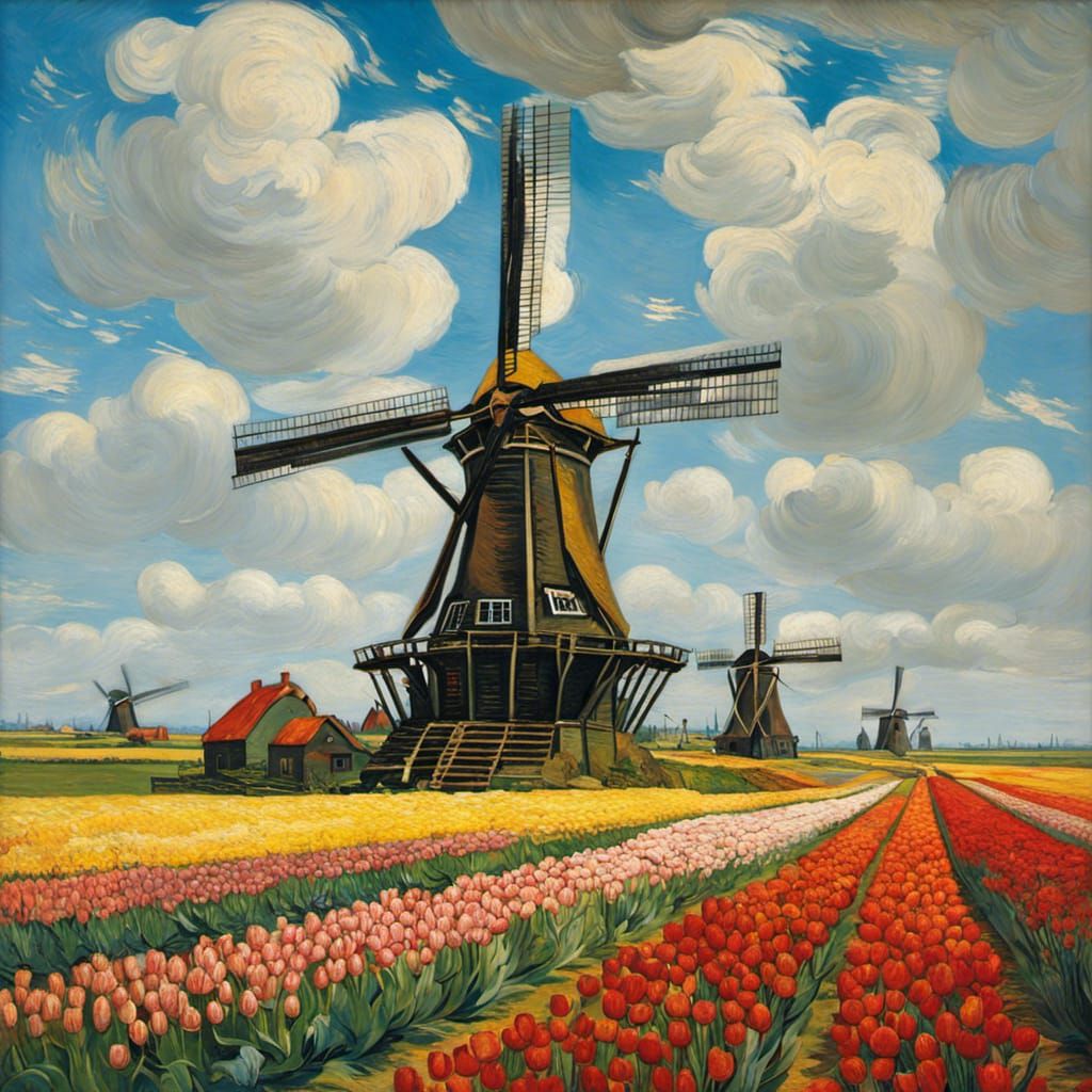 Dutch Windmills and Tulips in Post-Impressionist Style