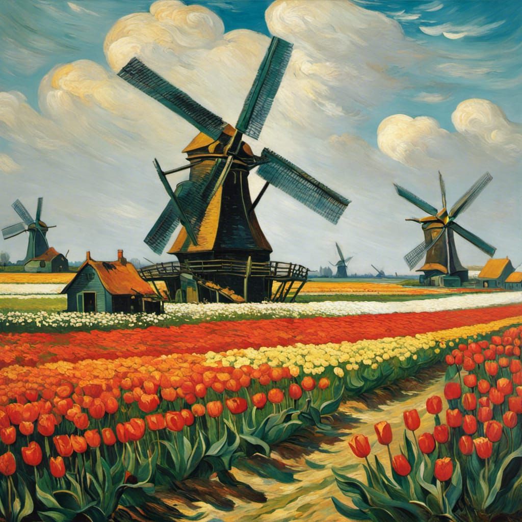 Dutch Windmills and Tulips in Van Gogh Style