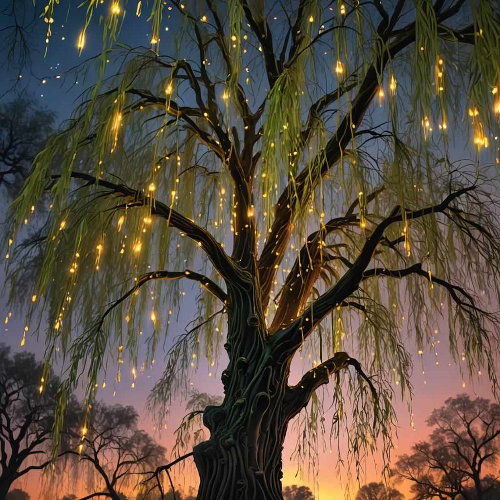 Weeping Willow with Fireflies in Digital Art Style