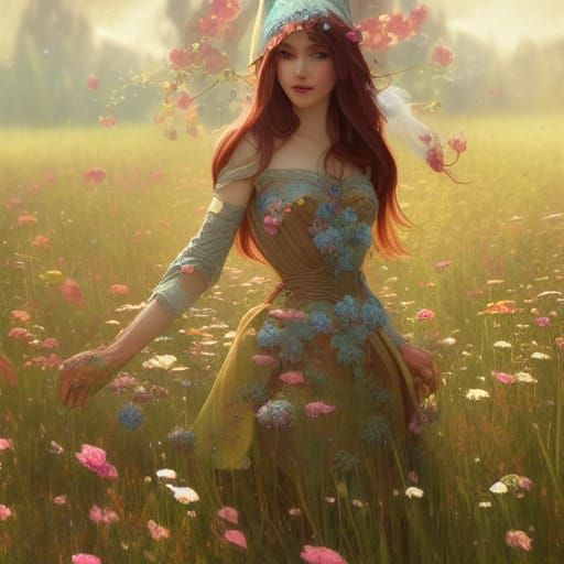 Elf Portrait in Flower Meadow, Hyperdetailed Concept Art