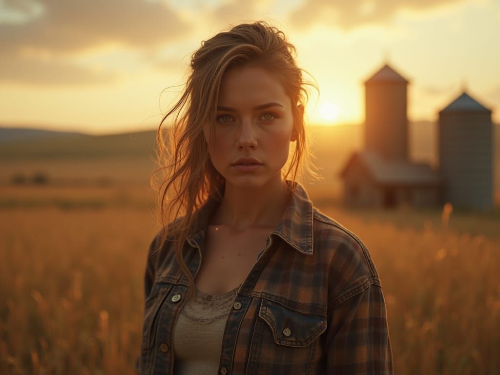 Rustic Farm Woman in Golden Hour Landscape