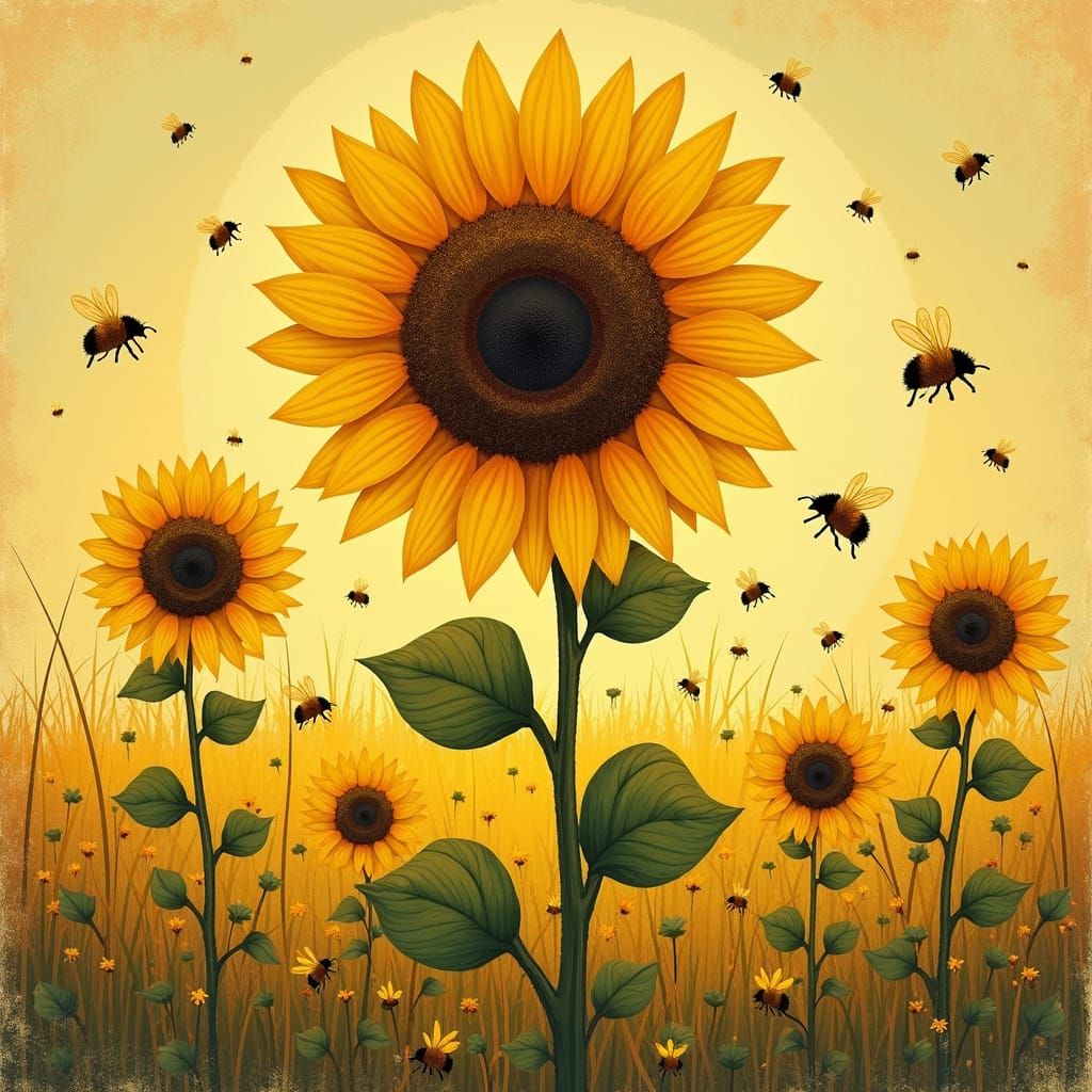 Sunflower Meadow with Bees in Retro 70s Style