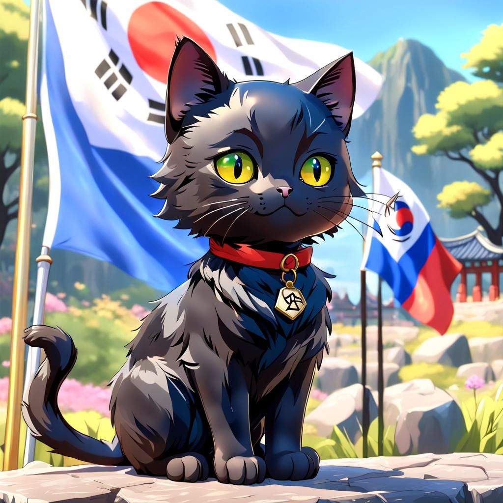 Cute Anime Cat with South Korea Flag