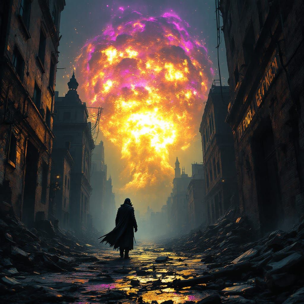 War-Torn Cityscape Explosion in Art Nouveau Style