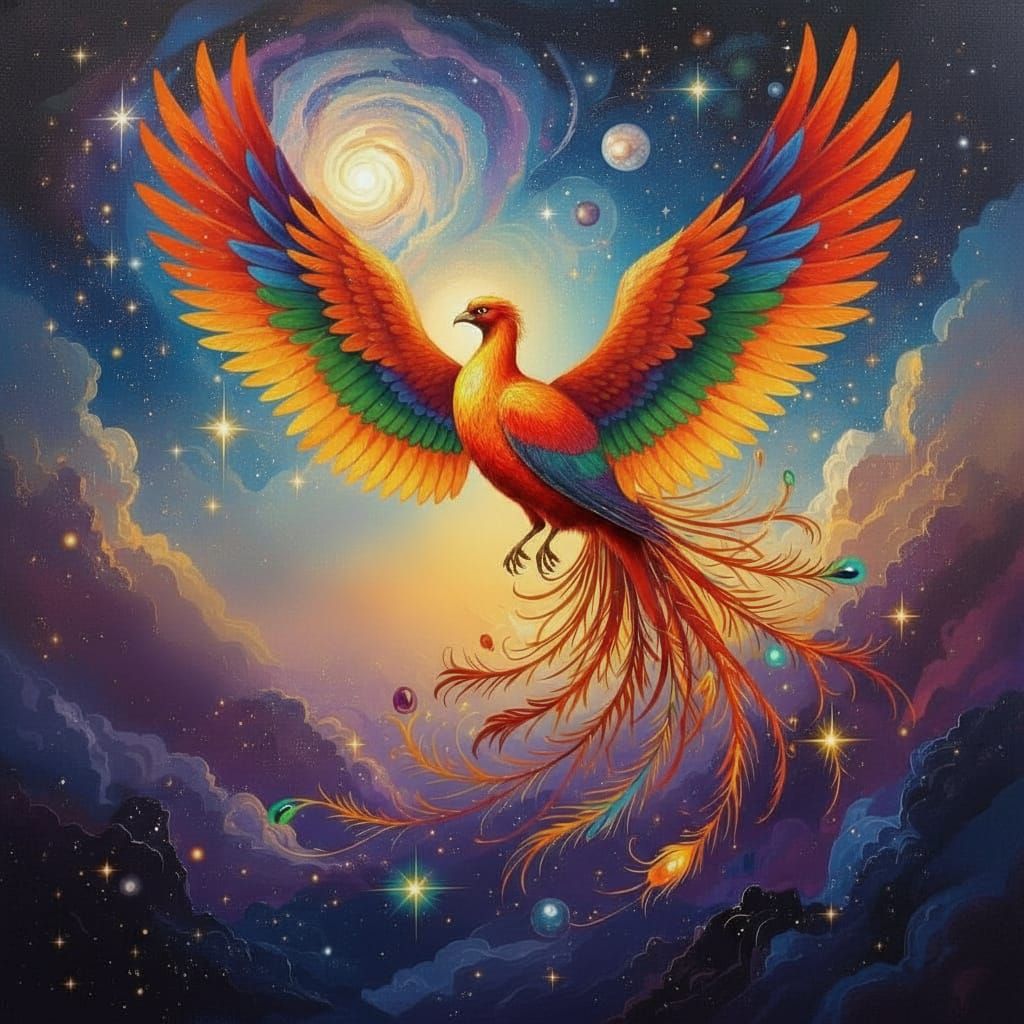 Majestic Phoenix Soars Through Cosmic Sky in Oil Painting St...