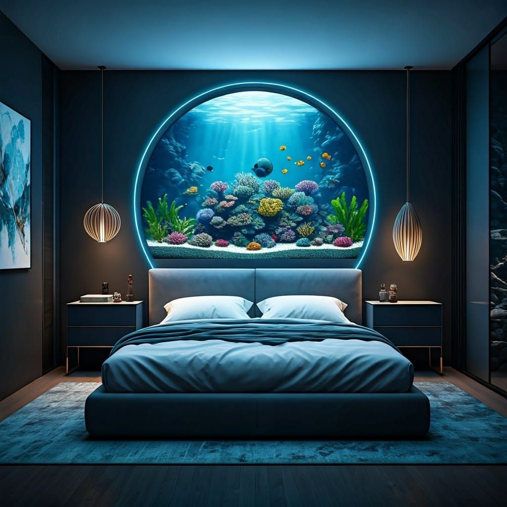 Bedroom with Circular Aquarium in Futuristic Style
