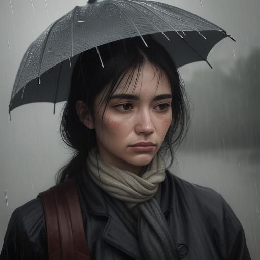 Young Woman in Rain: Impressionist Oil Painting