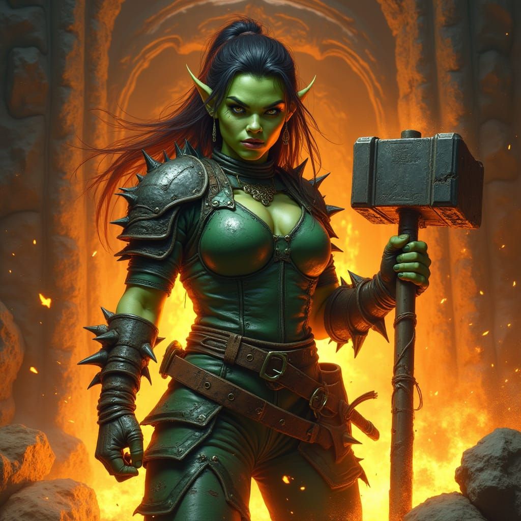 Fiery Half-Orc Blacksmith in Dark Fantasy Style