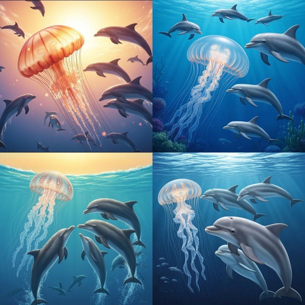 Jellyfish and Dolphin Pod Aquatic Scene