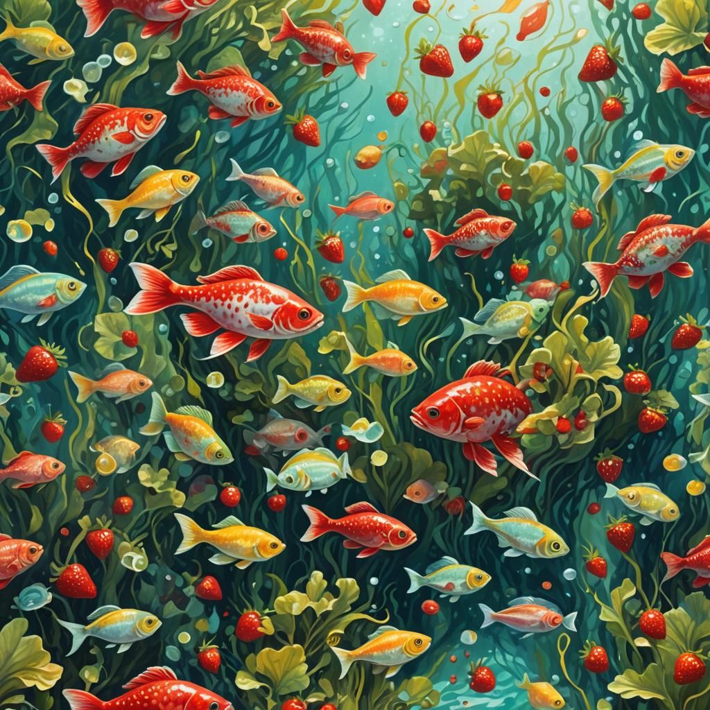 Strawberry Fish in an Underwater Gouache Painting