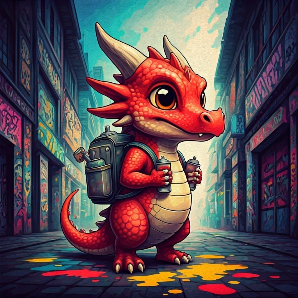 Chibi Dragon in Graffiti Paradise: Digital Street Art