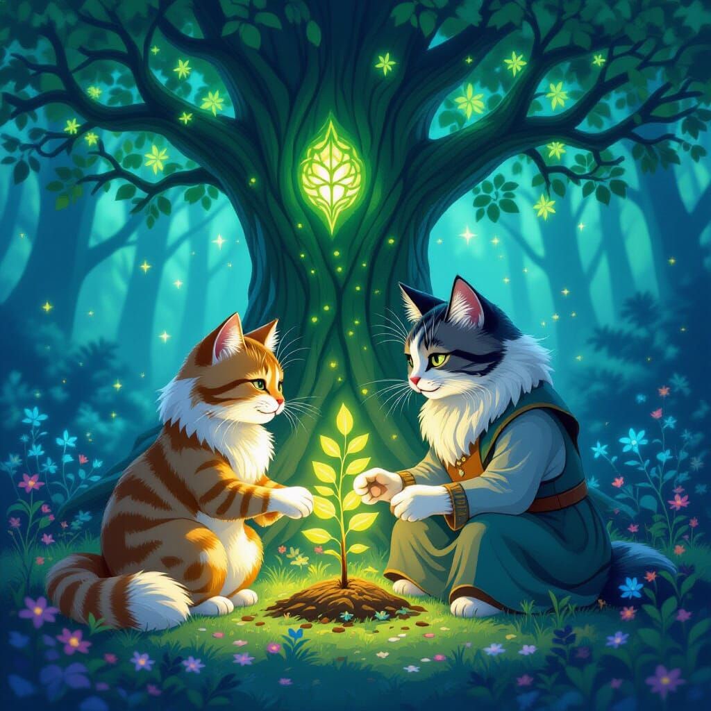 Cats Tending Bioluminescent Tree of Life in Storybook Style