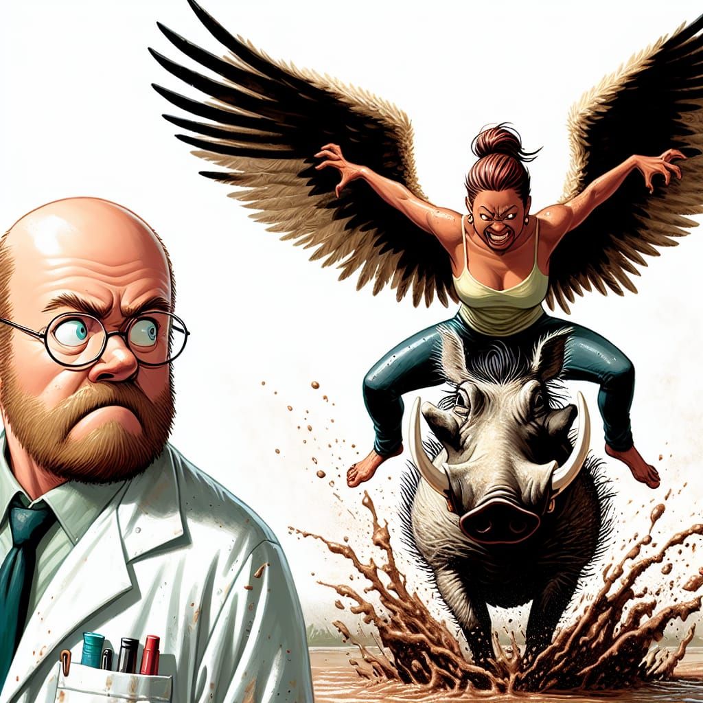 Apprehensive Man Watches Winged Woman Wrestle Warthog