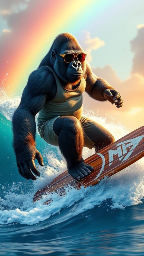 Muscular Silverback Gorilla Rides Hawaiian Wave in Vibrant F...