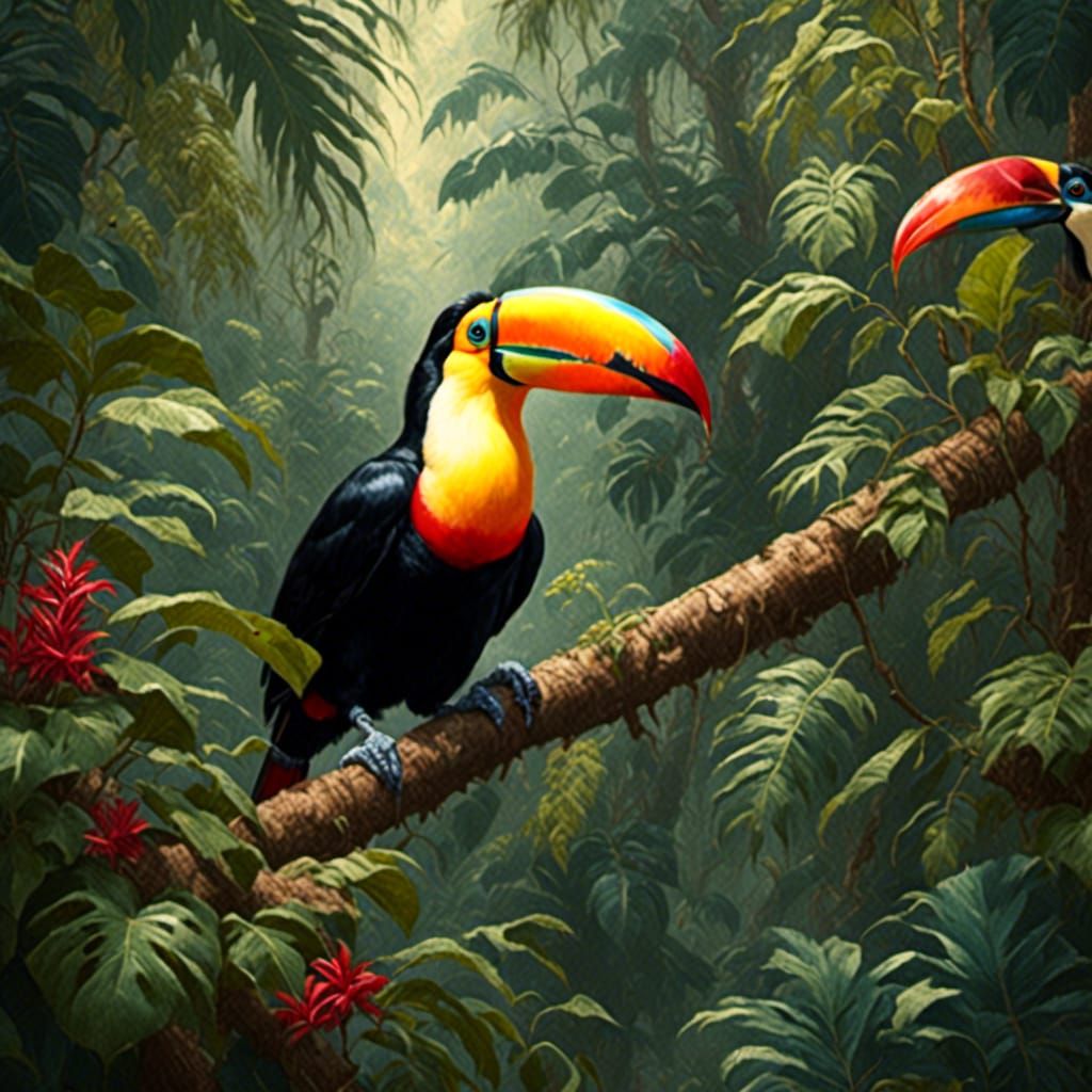 <lora:RetroRockabilly:1.0>a toucan in the jungle