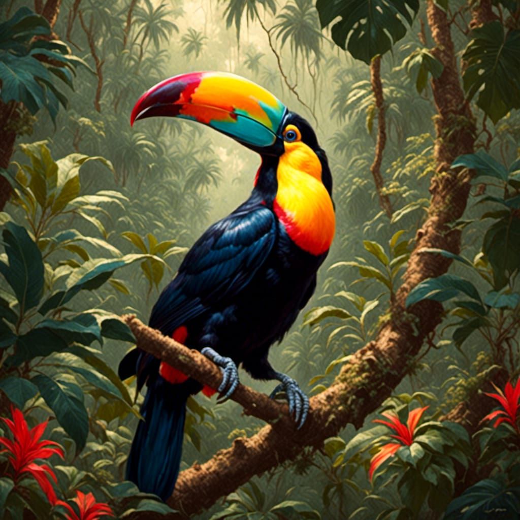 <lora:RetroRockabilly:1.0>a toucan in the jungle