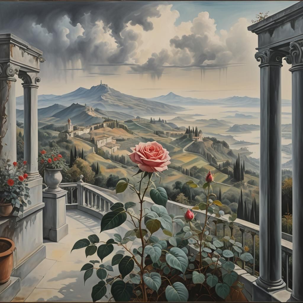 Surreal Rose, Wheel, and Mountain in Dali Style