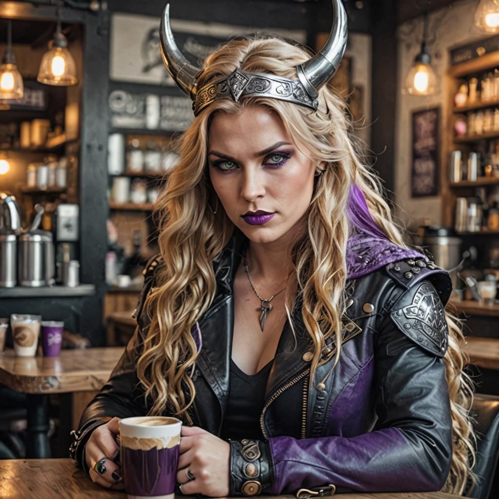 Valkyrie Enjoying Coffee in Heavy Metal Style