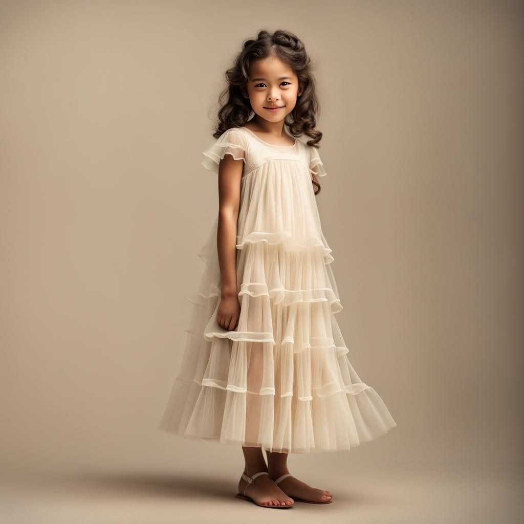 Young Girl in Cream Dress Points Down