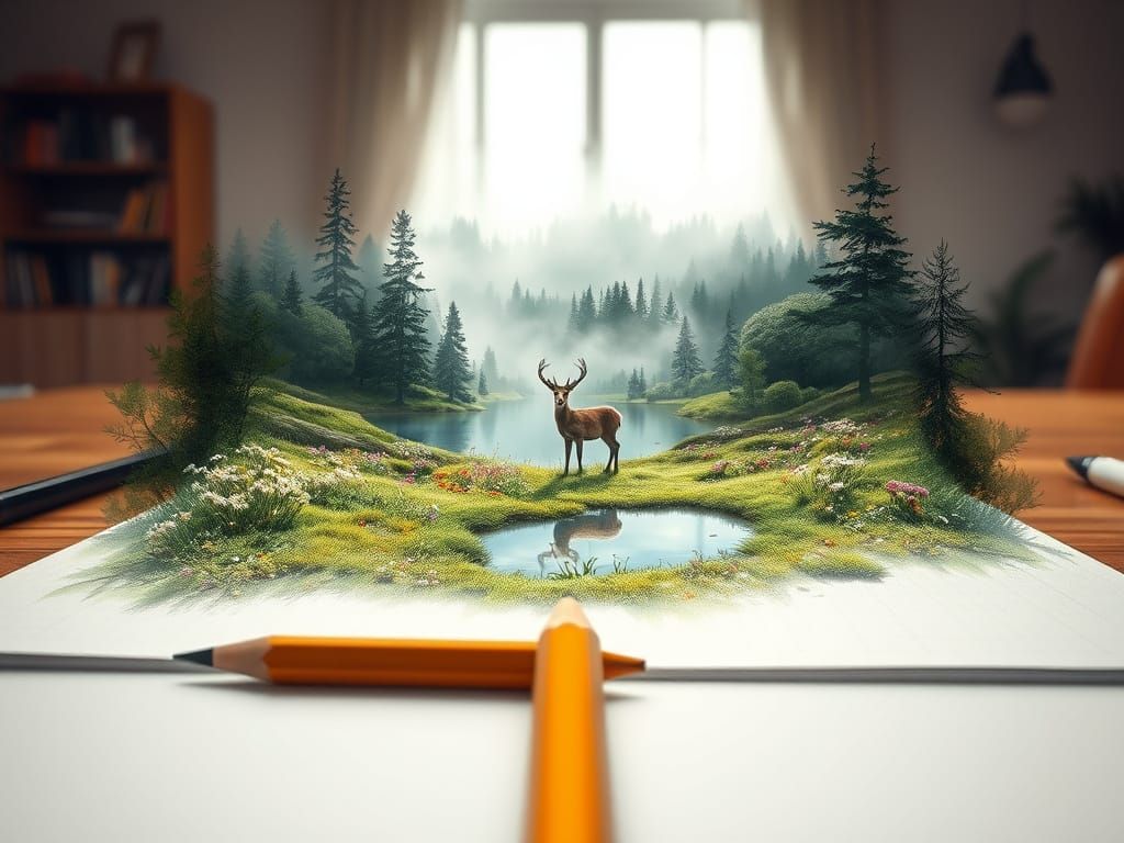 Double Exposure Pencil Art: Deer and Nature Scene