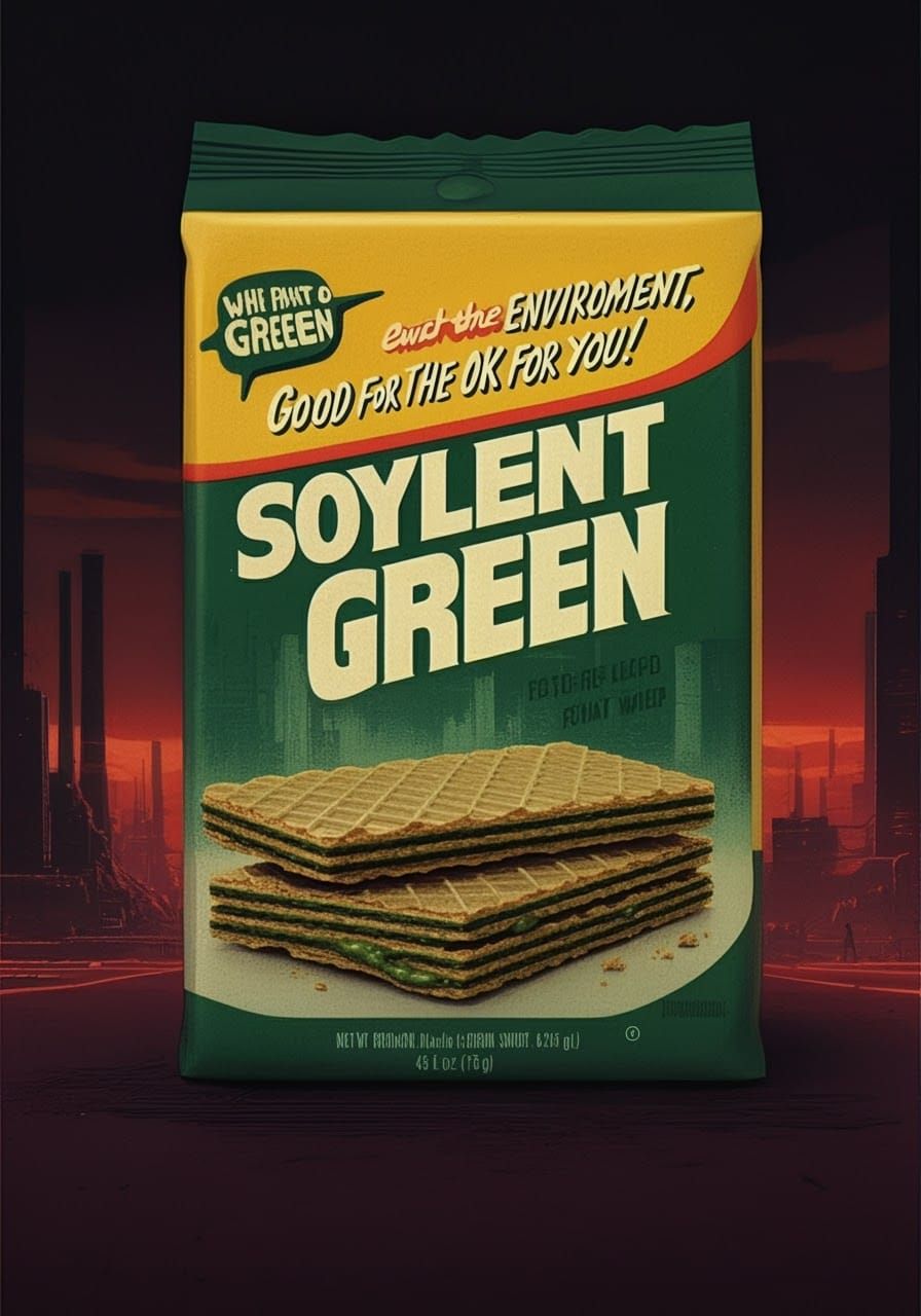 Retro-Futuristic Soylent Green Package in Dystopian City