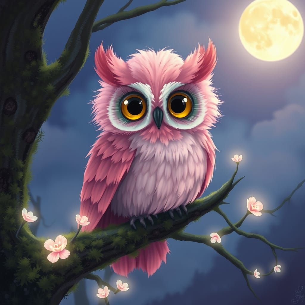 Vibrant Pink Owl in Ethereal Twilight Forest