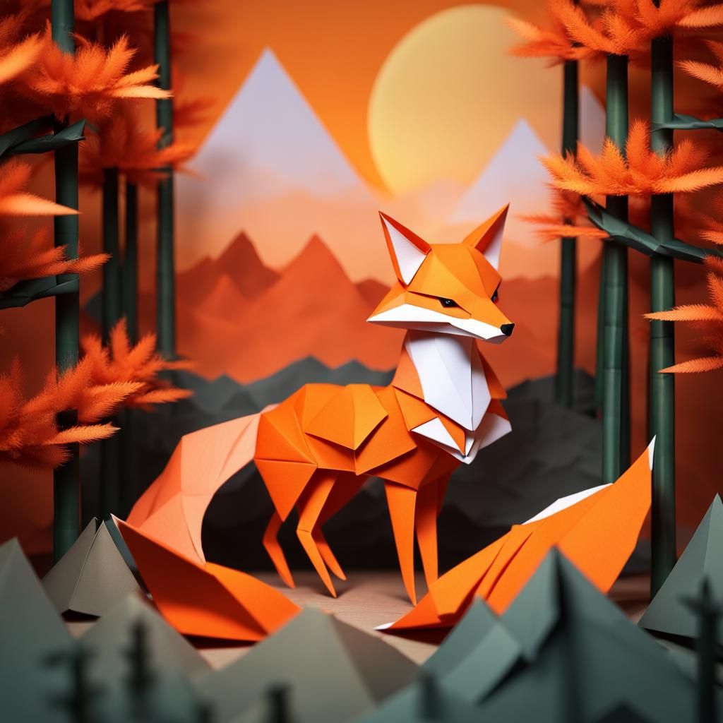 Graceful Origami Fox with Nine Tails
