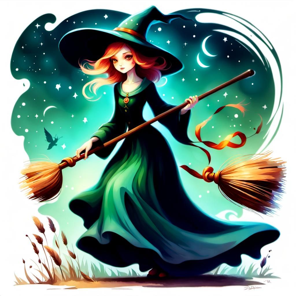 Whimsical Witch Balances on Broom