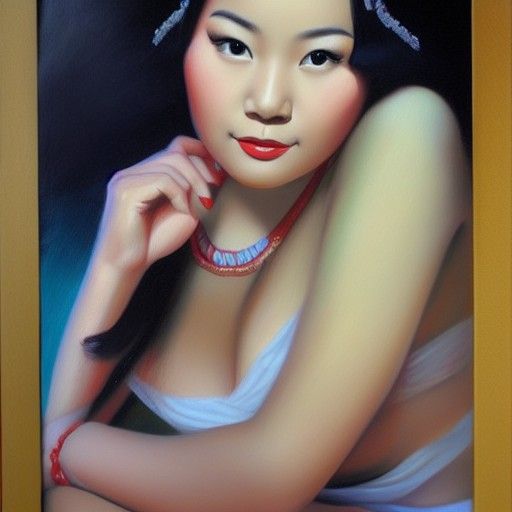 Photorealistic Asian Pinup Portrait in Oil Painting Style