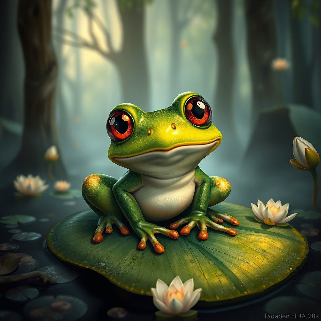 Cute Frog Portrait in Mystical Forest, Fantasy Art