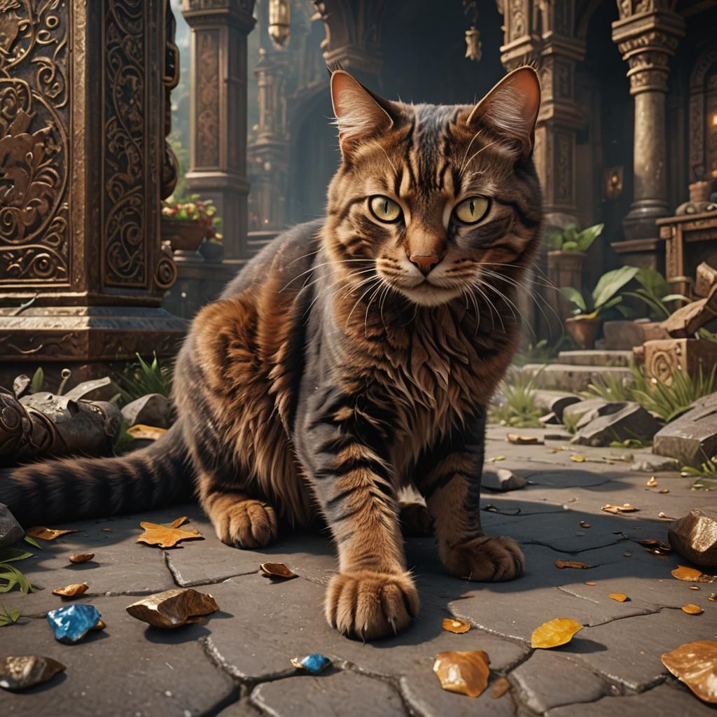 Brown Cat Bites Foot: Detailed Fantasy Concept Art