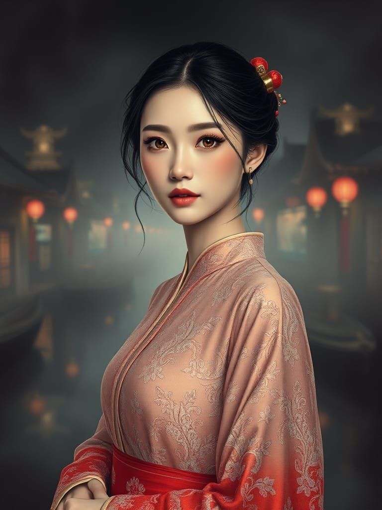 Vintage Sepia Portrait of Woman in Kimono