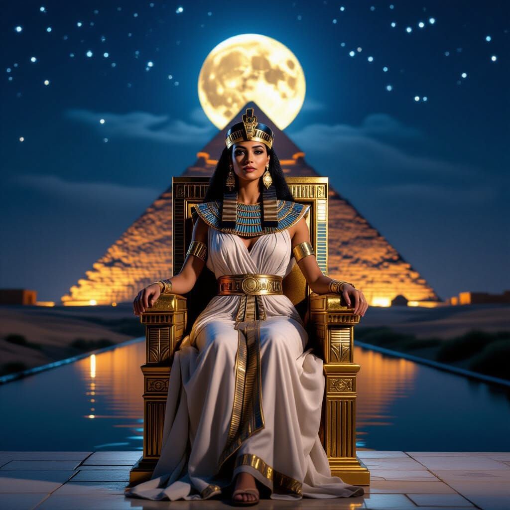 Cleopatra on Pyramid Throne Under Starry Sky