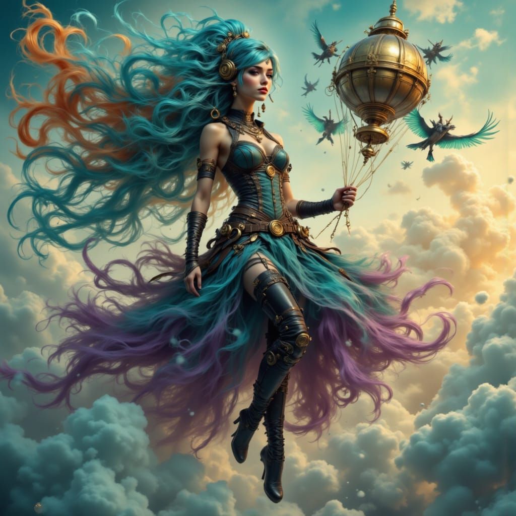 Woman in Flowing Rainbow Hair on Dirigible