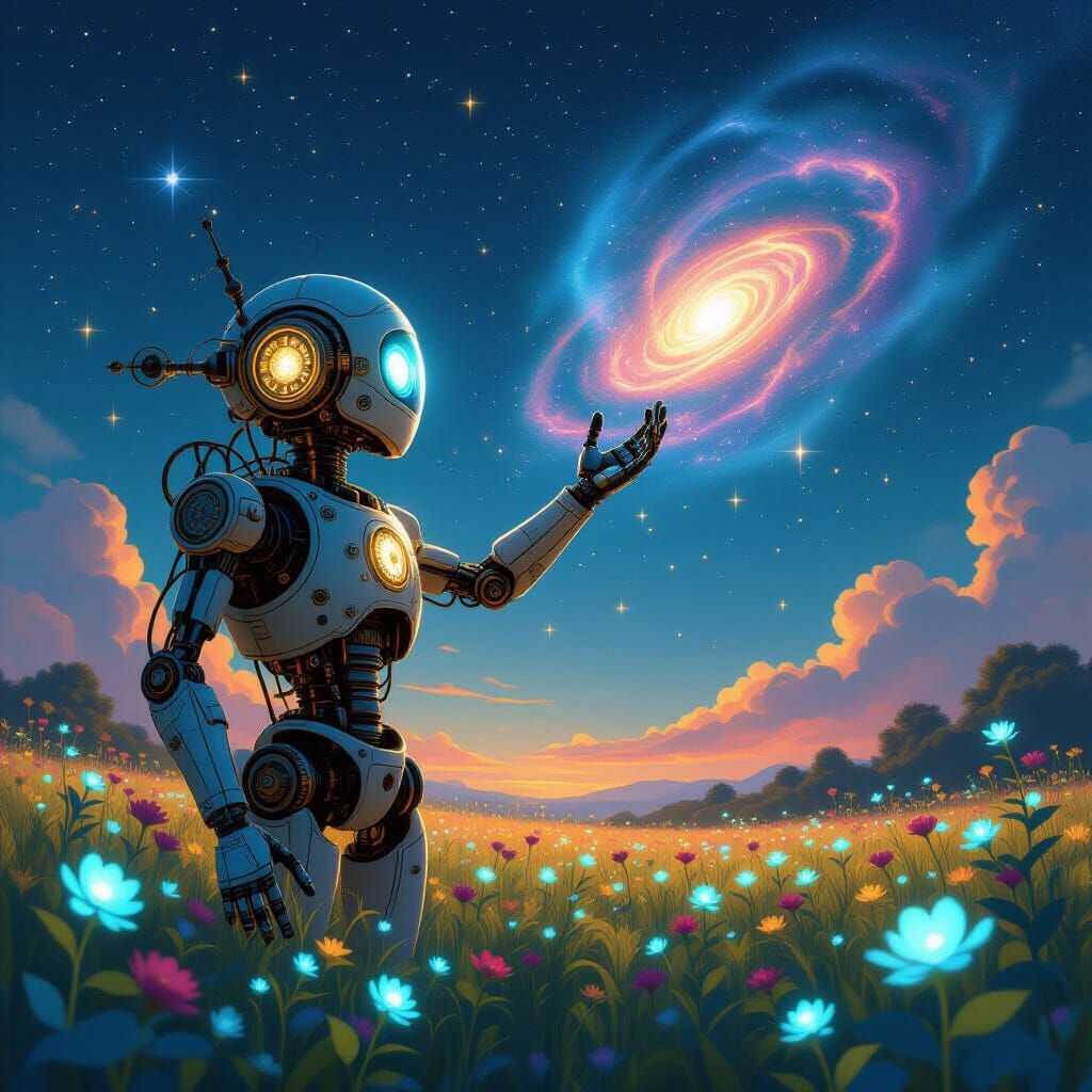 Majestic Automaton Touches Nebula in Alien Flora Field