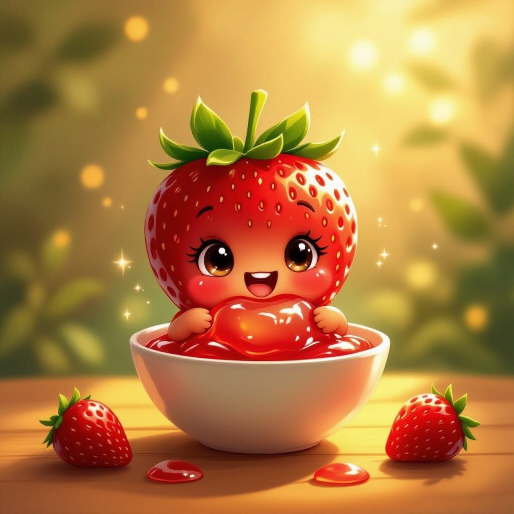 Whimsical Strawberry Character Enjoys Jelly in Golden Hour L...