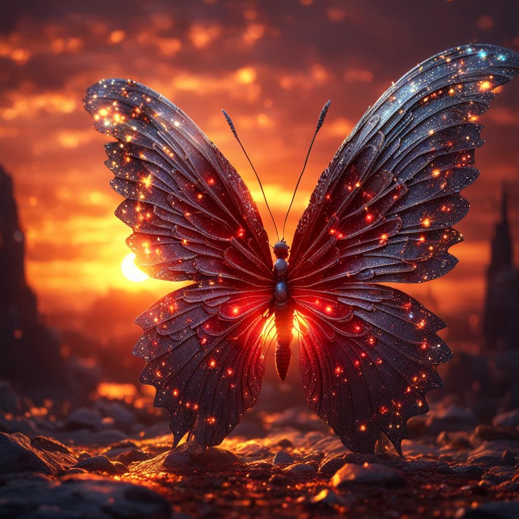 Carmine Silver Butterfly at Golden Sunset