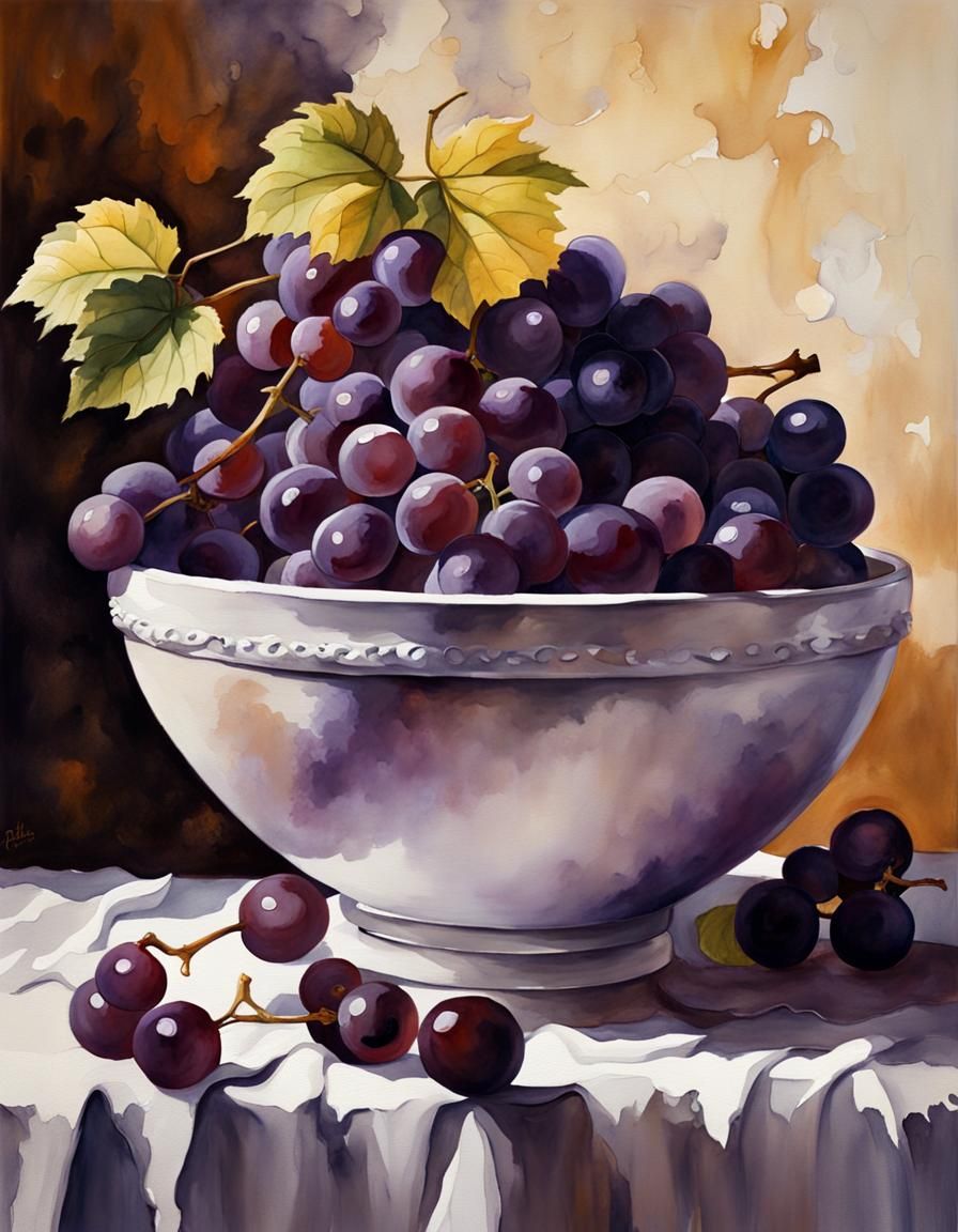 Grapes in Ceramic Bowl, Acrylic Watercolor Style