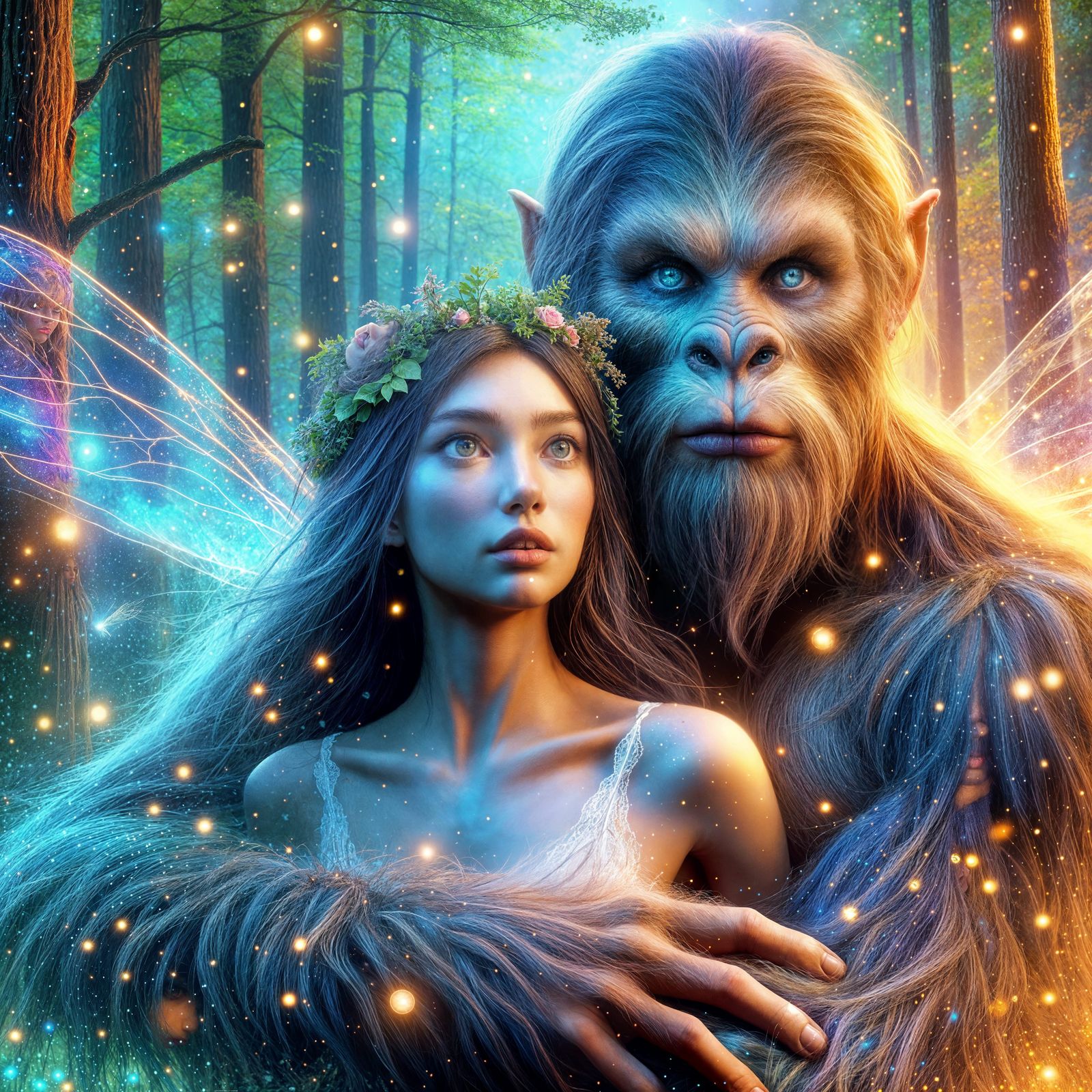 Fairytale Heroine and Mythical Beast Embrace