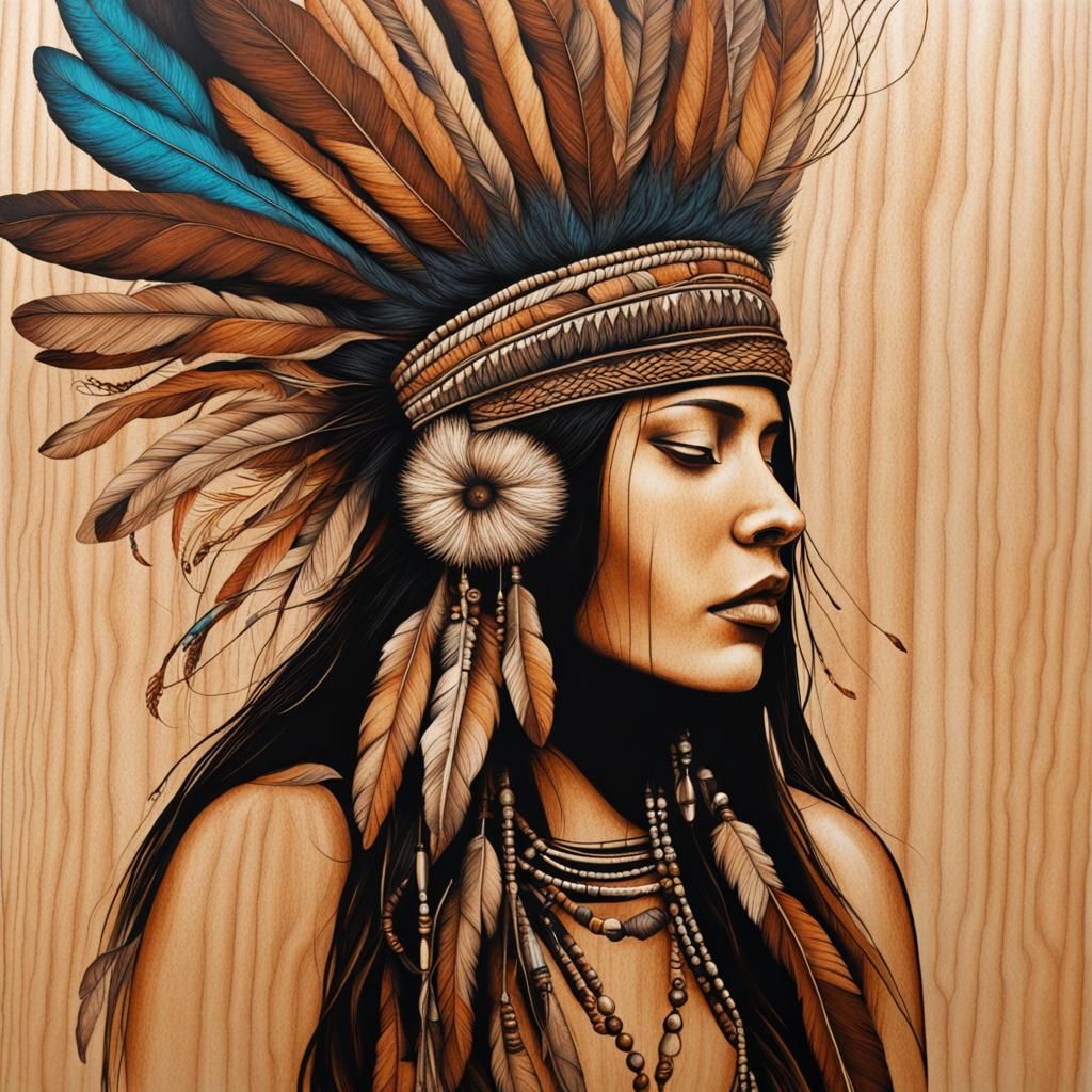 Native Woman with Feather Crown in Pyrography Art