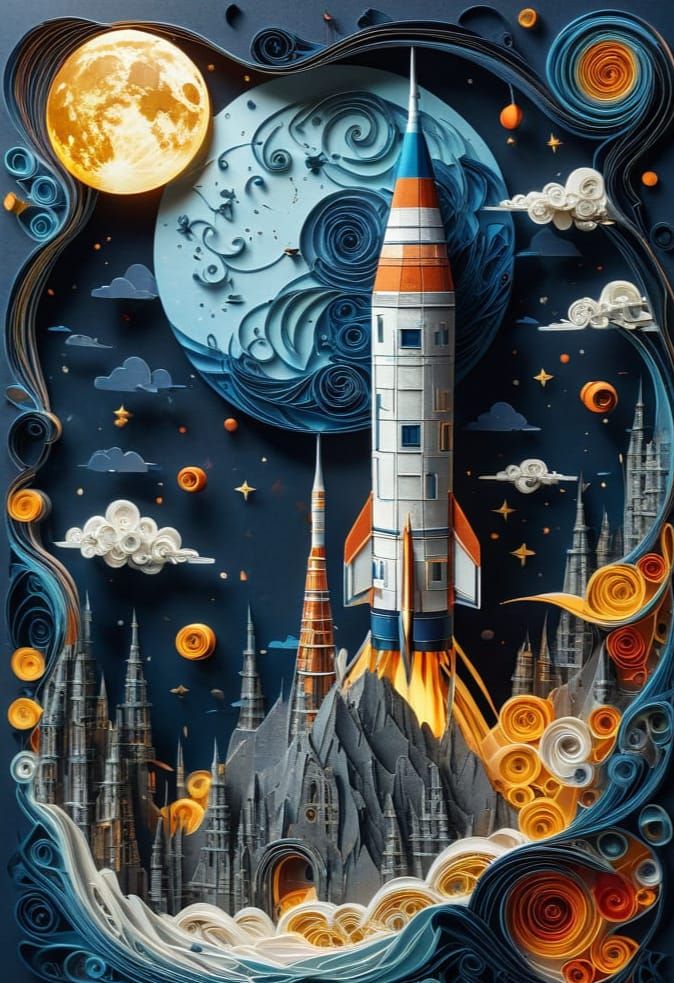 Rocket Launching to Moon with Origami Heart, Detailed Artwor...